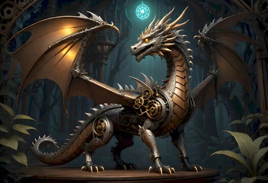 Mechanical dragon surrounded by foliage, contrasting its metallic body with nature, resembling a bronze steampunk machine with gears and cogs. Generative AI.