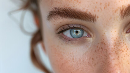 the close-up of a girl's face, adorned with charming freckles and defined eyebrows, as she carefully applies a potent anti-aging skincare cream.