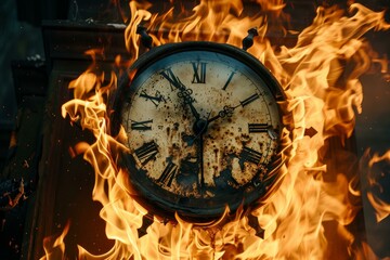 Antique clock covered in vivid flames, symbolizing urgency or running out of time