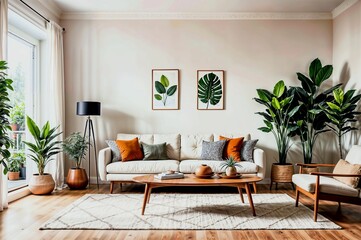 Modern living room interior, perspective photography - Generative AI

