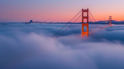 Obraz premium A tranquil dawn breaks over San Francisco Bay, casting a golden hue on the fog-shrouded Golden Gate Bridge, creating a scene of serene beauty.