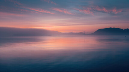 A tranquil dawn breaks over San Francisco Bay, casting a golden hue on the fog-shrouded Golden Gate...