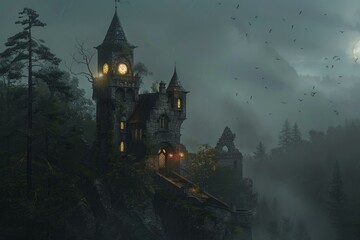Enigmatic gothic castle illuminated by moonlight amidst a misty forest under a starry sky