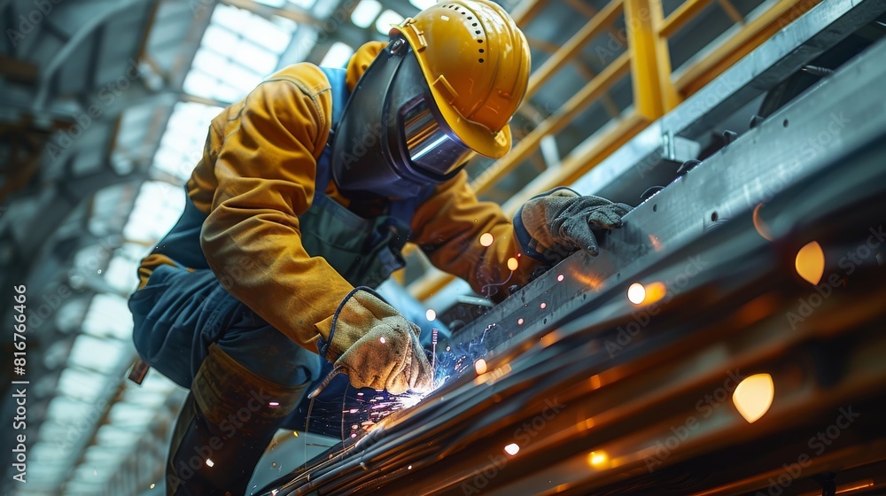 Poster a welder working overhead on a steel canopy of a public transportation station. generative ai.