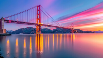 Fototapeta premium Against the backdrop of a fiery sunset, the Golden Gate Bridge stands as a beacon of strength and beauty, its towering pillars illuminated by the fading light of day.