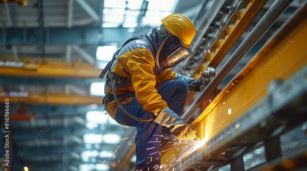 Poster a welder working overhead on a steel canopy of a public transportation station. generative ai.