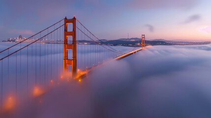 Obraz premium As dawn breaks over the bay, the Golden Gate Bridge emerges from the thick fog like a majestic sentinel, its rust-colored spans illuminated by the first rays of sunlight.
