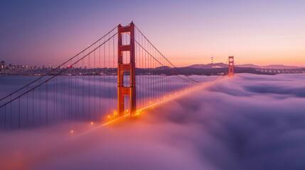 Fototapeta premium As dawn breaks over the bay, the Golden Gate Bridge emerges from the thick fog like a majestic sentinel, its rust-colored spans illuminated by the first rays of sunlight.
