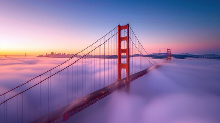Fototapeta premium As dawn breaks over the bay, the Golden Gate Bridge emerges from the thick fog like a majestic sentinel, its rust-colored spans illuminated by the first rays of sunlight.