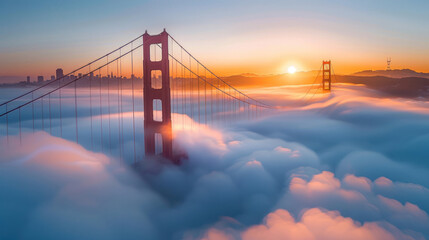 Obraz premium As dawn breaks over the bay, the Golden Gate Bridge emerges from the thick fog like a majestic sentinel, its rust-colored spans illuminated by the first rays of sunlight.