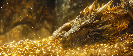 A magnificent golden dragon resting atop a sparkling hoard of gold, evoking a scene of ultimate triumph. Fairy-tale creature illustration. © MNStudio