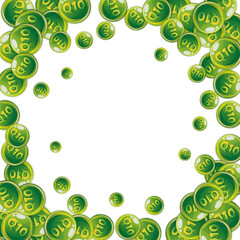 Vitamin Q10 round capsules scattered randomly.