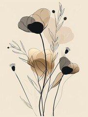 Abstract painting of delicate flowers in minimalist linear outlines, in the style of organic and flowing shapes.