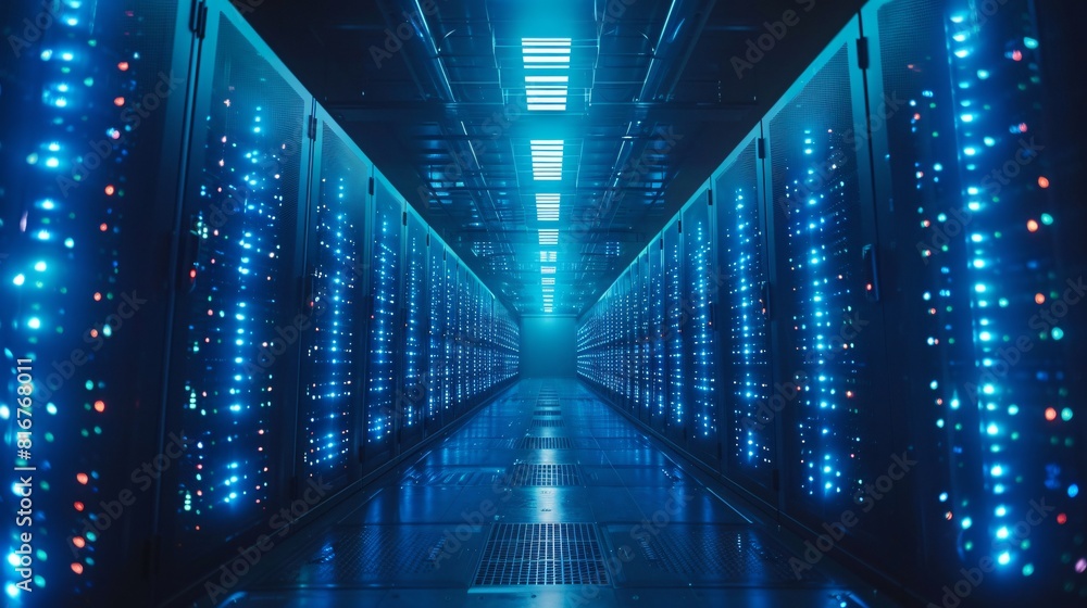 Poster abstract technology background of a server room with rows of rack-mounted servers lit by blue lights