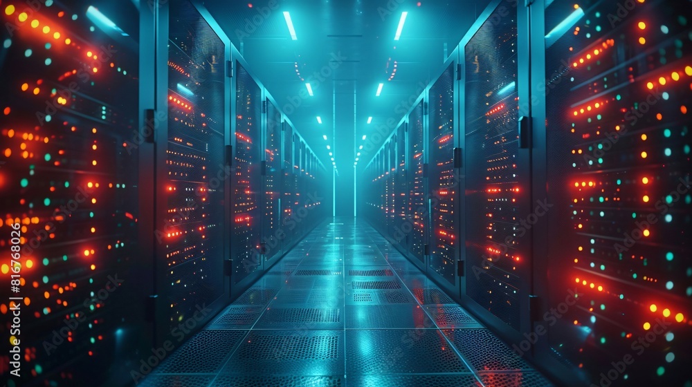 Poster abstract technology background of a server room with rows of rack-mounted servers with blinking ligh