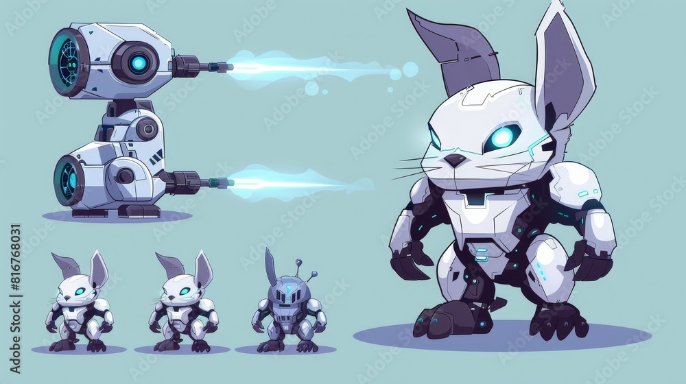 Poster set of rabbit robot evolution levels. modern illustration of futuristic ai character progressing fro