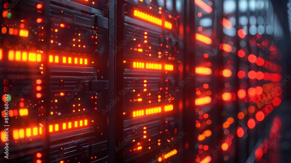 Poster abstract technology background of server racks with blinking red lights