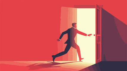 Businessman run to open exit door concept Vector style