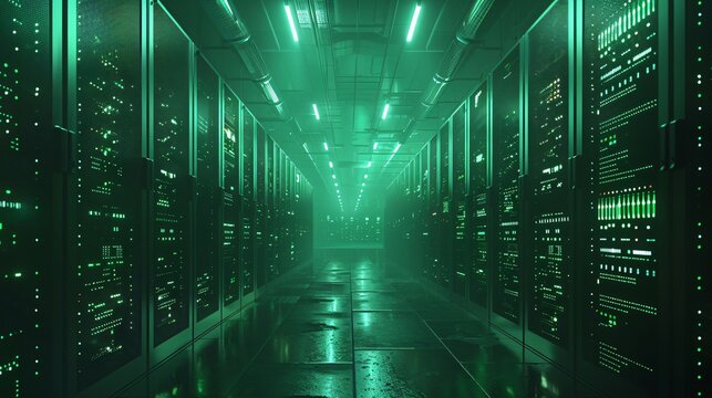 Abstract technology background of server room with bright green lights