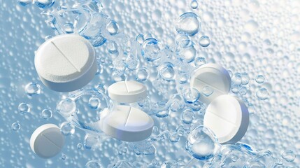 An effervescent aspirin tablet with an underwater bubble. A fizzy white medicine vitamin isolated on transparent background. Paracetamol dosage sparkling. An effective remedy for migraine pain.