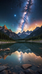 Beautiful view of milky way glowing on the sky with moutains lake, Breathtaking view of a starry night sky over a serene mountain landscape reflected in a calm lake