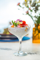 Chia Seed Pudding with Fresh Fruit on White Table