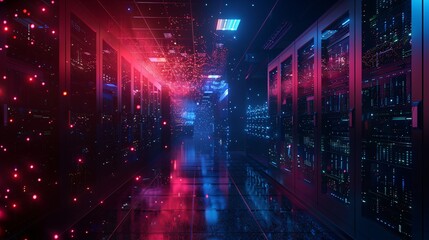 Fototapeta premium Abstract technology background with red and blue neon lights in server room.