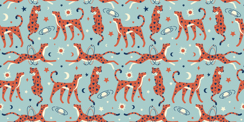 Vintage seamless wallpaper. Celestial print with cheetah in a cosmic space among the stars. Retro style hand drawn boho background. Mystery bohemian space circus. Sacred aesthetic. © Vigurskaia Sofiya