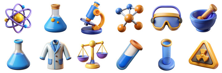 Chemical laboratory 3D icons. Science Illustration - lab coat, test tube, molecule, flask, microscope, atom model, scientific equipment, chemistry hazard