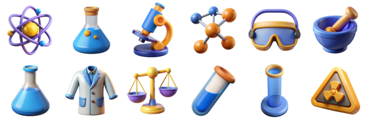 Chemical laboratory 3D icons. Science Illustration - lab coat, test tube, molecule, flask, microscope, atom model, scientific equipment, chemistry hazard