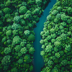 La selva amazónica con un gran río que corre verticalmente a través del medio