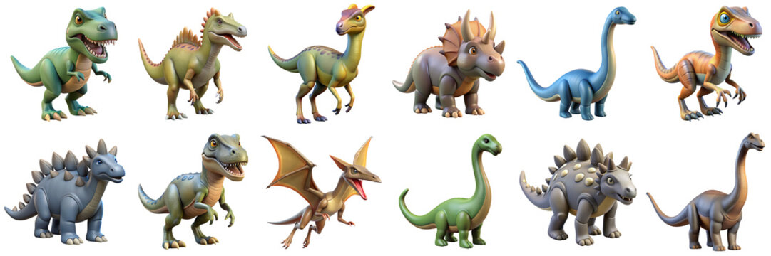Dinosaurs 3D icons. Illustration of different prehistoric dino animals - Tyrannosaurus Rex, Triceratops, Velociraptor, Stegosaurus, Brachiosaurus, Spinosaurus, Ankylosaurus, Diplodocus, Pteranodon