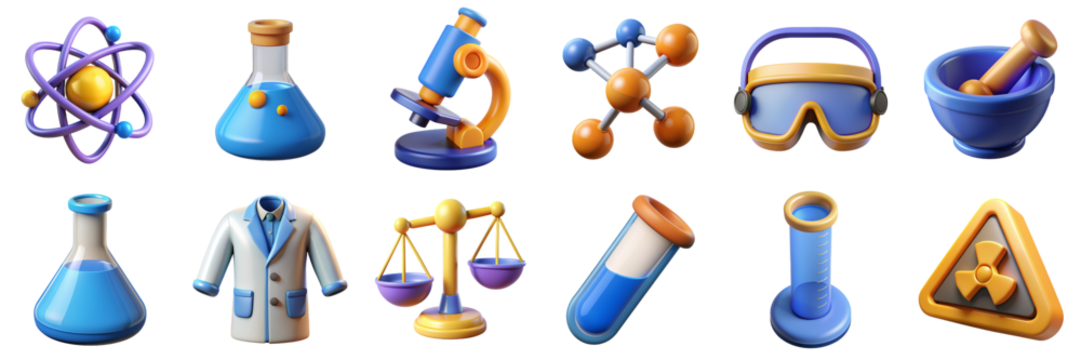 Chemical laboratory 3D icons. Science Illustration - lab coat, test tube, molecule, flask, microscope, atom model, scientific equipment, chemistry hazard