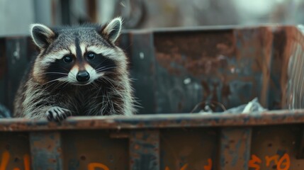 Curious raccoon peeking from a dumpster, illustrating urban wildlife adaptation