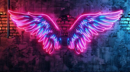 Neon angel wings on brick wall, radiating celestial energy