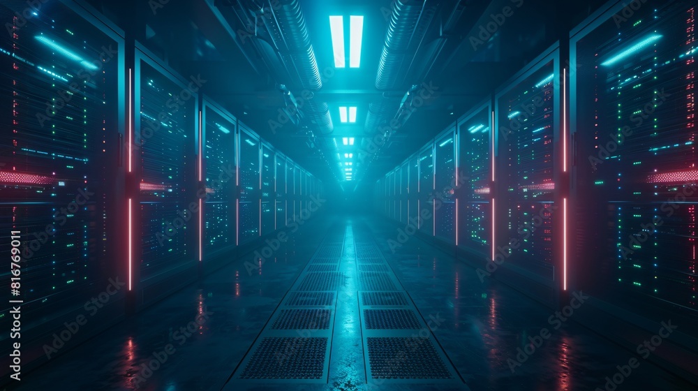 Aufkleber abstract technology background. rows of server racks with bright lights in perspective.
