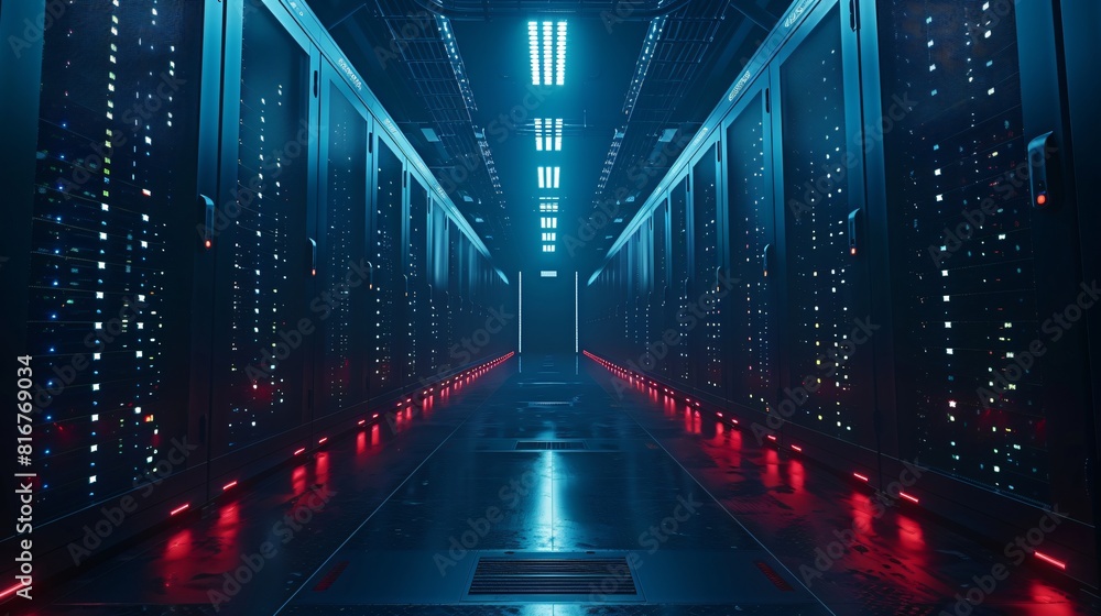 Poster abstract technology background. rows of server racks with bright lights in futuristic data center