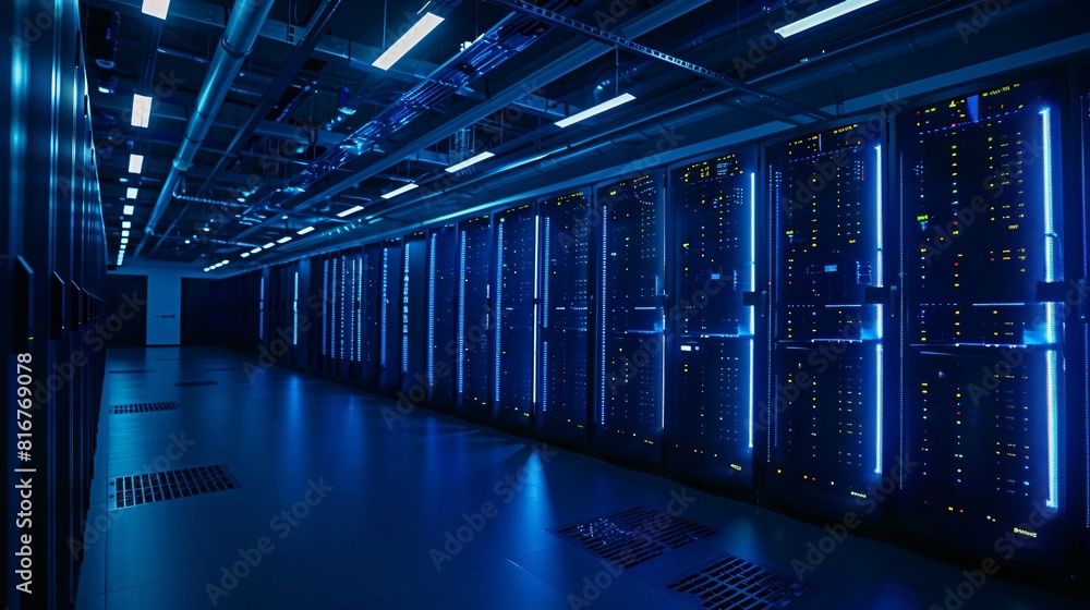 Poster abstract technology background. server room supercomputer. rows of rack servers in the modern data c