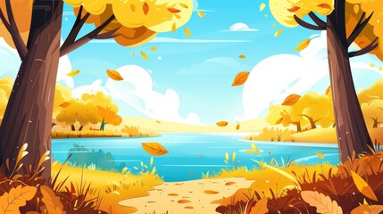 Modern cartoon illustration of golden foliage flying in the wind, a river and a cloudscape on the...