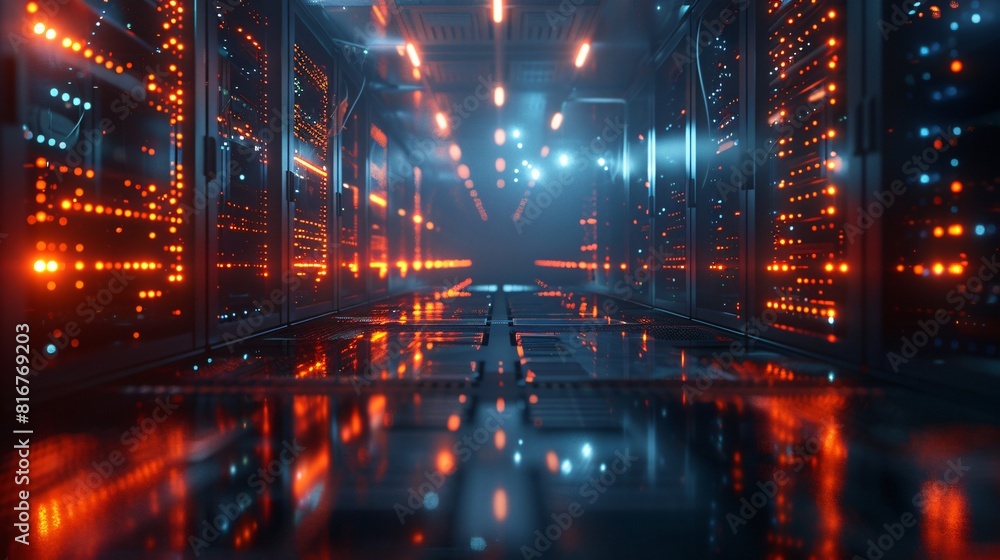 Poster abstract technology background. server room with supercomputers. data center. 3d rendering