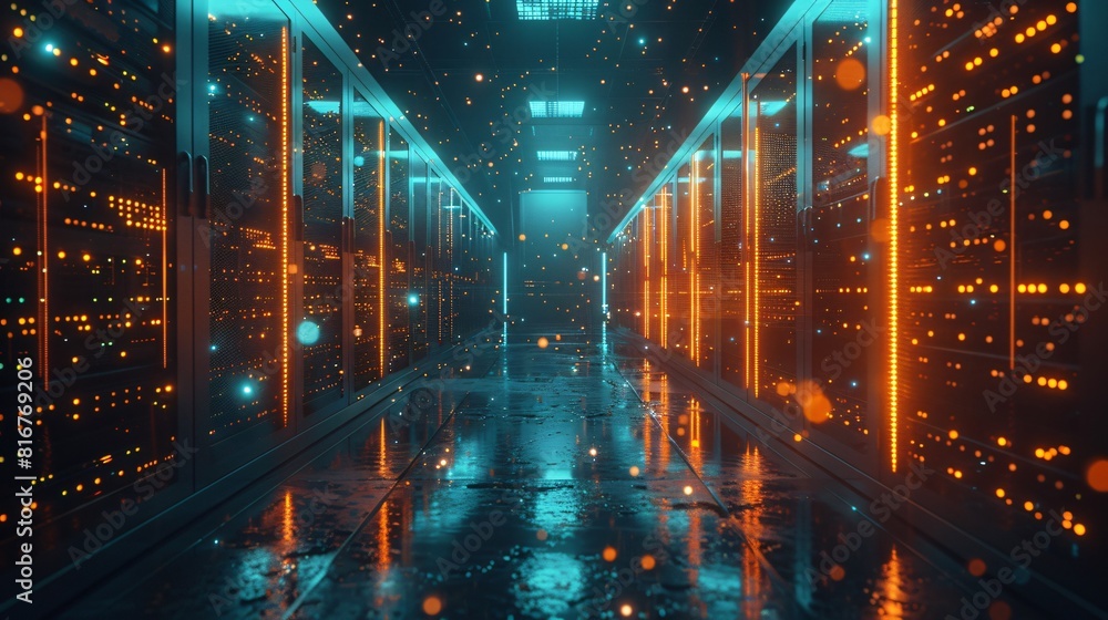 Poster abstract technology background. server room with supercomputers. data center. 3d rendering