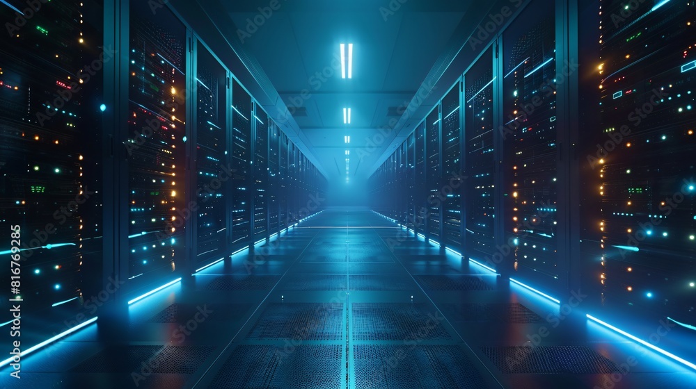 Poster abstract futuristic technology background. rows of glowing blue server racks in futuristic data cent