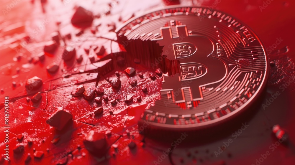 Poster a bitcoin laying on a red surface. suitable for financial concepts