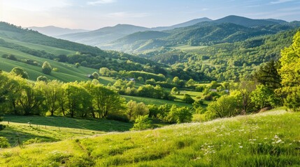 Fototapeta premium Fresh green mountain scenery with meadows fields and trees touched by the morning sun in early spring for nature walks