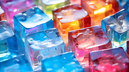 Pile of colored different wet ice cubes on black background with illuminated light