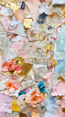Fototapeta premium Fashionable background with a collage of torn paper from magazines, variety of patterns. Pastel colours. Generative AI