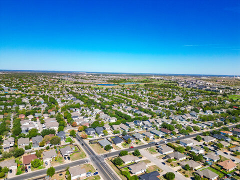 Aerial view of residential houses situated in the suburbs of Austin, Texas
