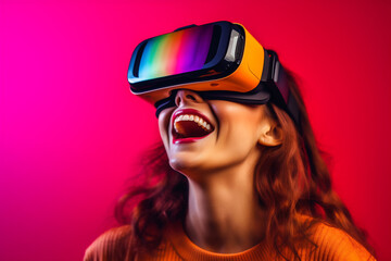 Fototapeta premium Young female having fun with virtual reality glasses. Young girl using new headset goggles trends technology
