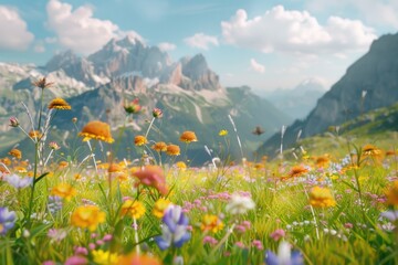 Fototapeta premium Beautiful field of wildflowers with majestic mountains in the background. Perfect for nature and travel concepts