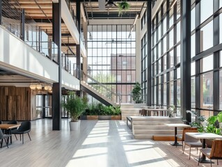 Spacious modern office atrium with large windows, natural light, and greenery. Open layout with seating areas and stairs, creating a bright and inviting workspace